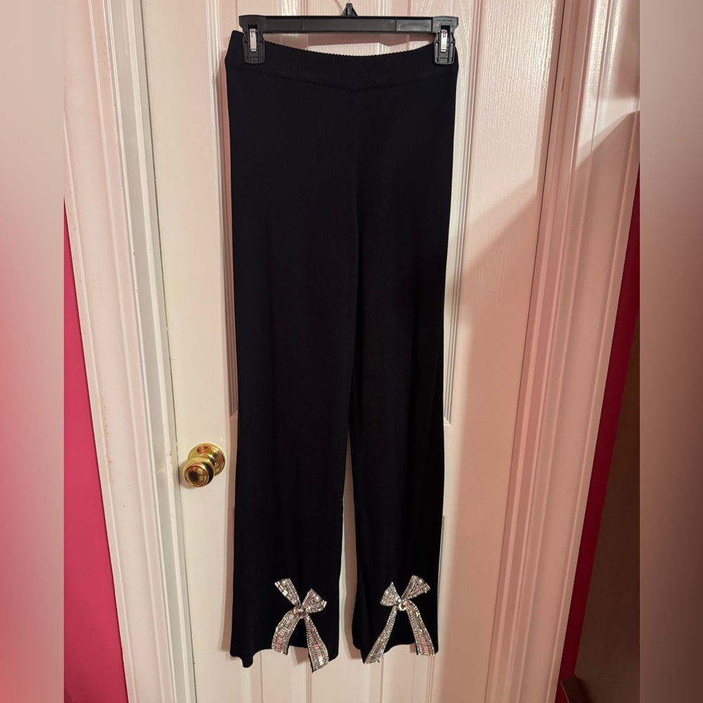 Chic Black Pants with Sparkling Silver Bows